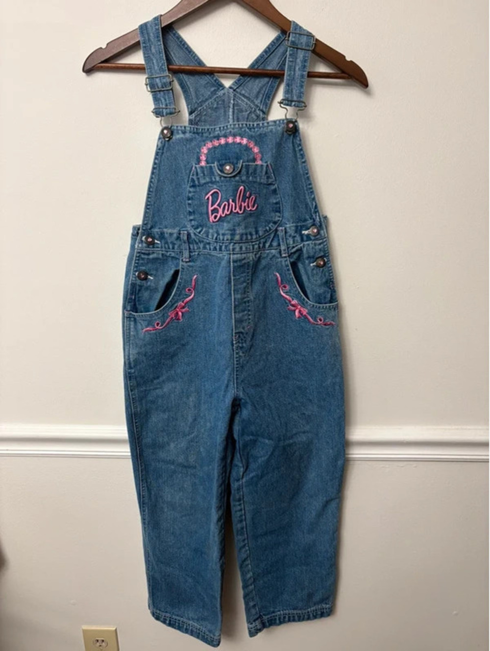 Vintage Y2K Barbie Denim Overalls Girls Size 10 Pink Embroidered Rhinestone